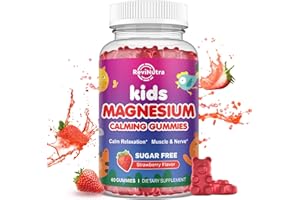 ReviNutra Magnesium Gummies for Kids - Magnesium Glycinate Gummies with L-Theanine, Chamomile, Vitamin B6, D for Kids & Adults Sleep, Stress, Muscle Relief & Nerve Bone - Sugar Free Strawberry 60ct