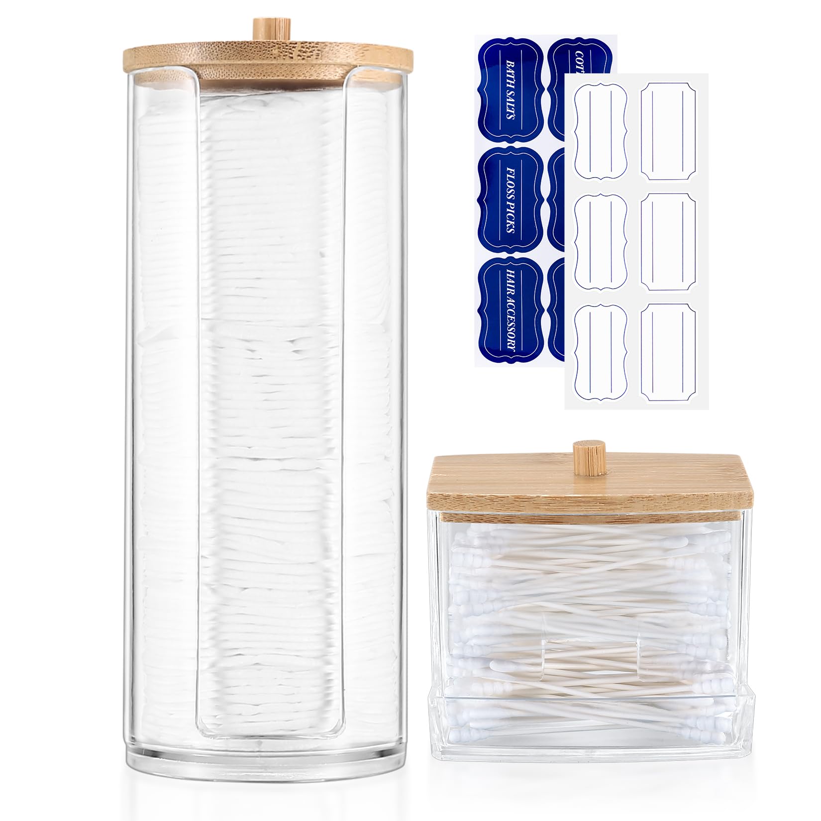 Gaomoeny 2 Pcs Cotton Pad Holder, Cotton Wool Bud/Swab/Ball Holder, Bathroom Qtip Dispenser Jars Canisters Holders for Vanity Cotton Ball Qtip Makeup Storage Organiser Dispenzer, wuth Bamboo Lid