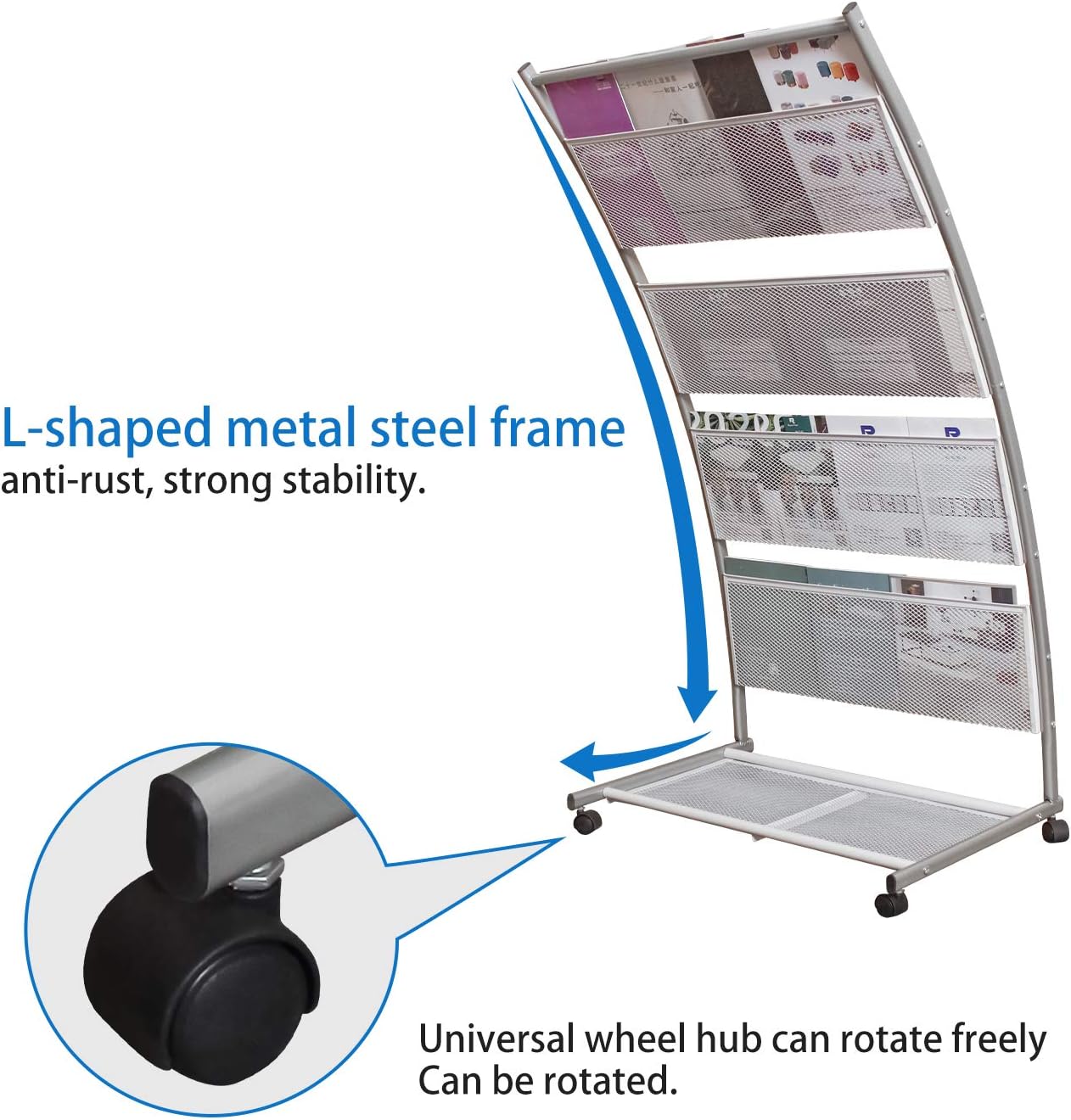 GBOLE Floor-Standing Magazine Rack, Brochure Display Stand with 4 Pockets for Trade Show Exhibitions Office Retail Store with casters Easy to Move Great Quality Easy to Assemble 44.1" H (Silver) : Office Products