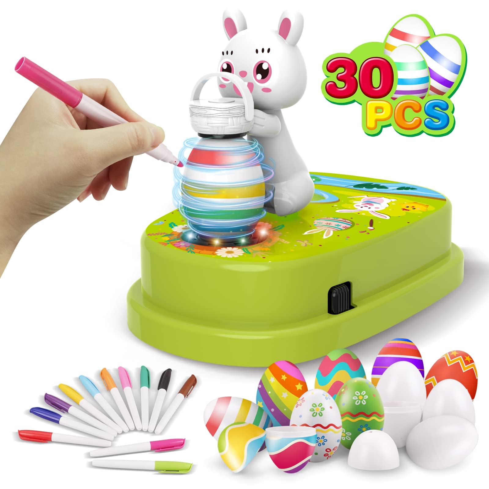 Photo 1 of ***ONLY PARTS FINAL SALE NO RETURN***Engfa Easter Egg Decorating Kit with 30 Pcs Eggs and 12 Dying Markers Spinner, Easter Gifts for Kids Bunny Decorating Machine Craft Activities for Boys Girls (Green)