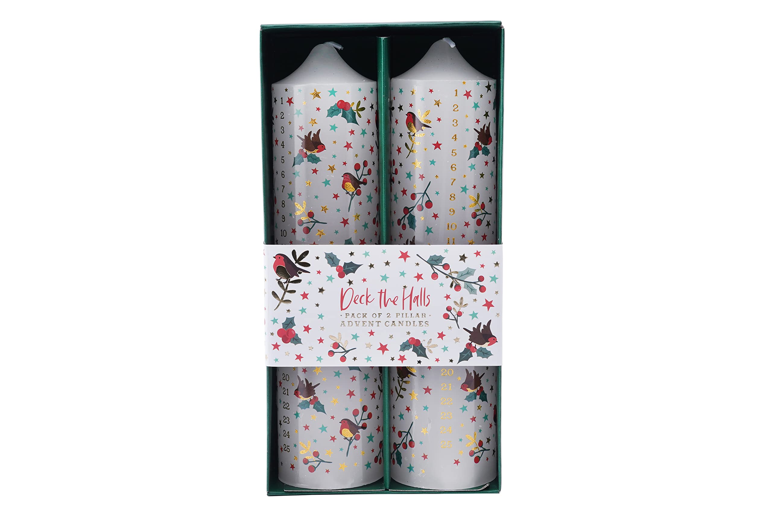 CGB Giftware | Christmas Deck The Hall Pillar Advent Candles | Pack of 2 | Countdown to Christmas | Numbered 1 – 25 | Gift Box | Joy to the World Range | GB05810