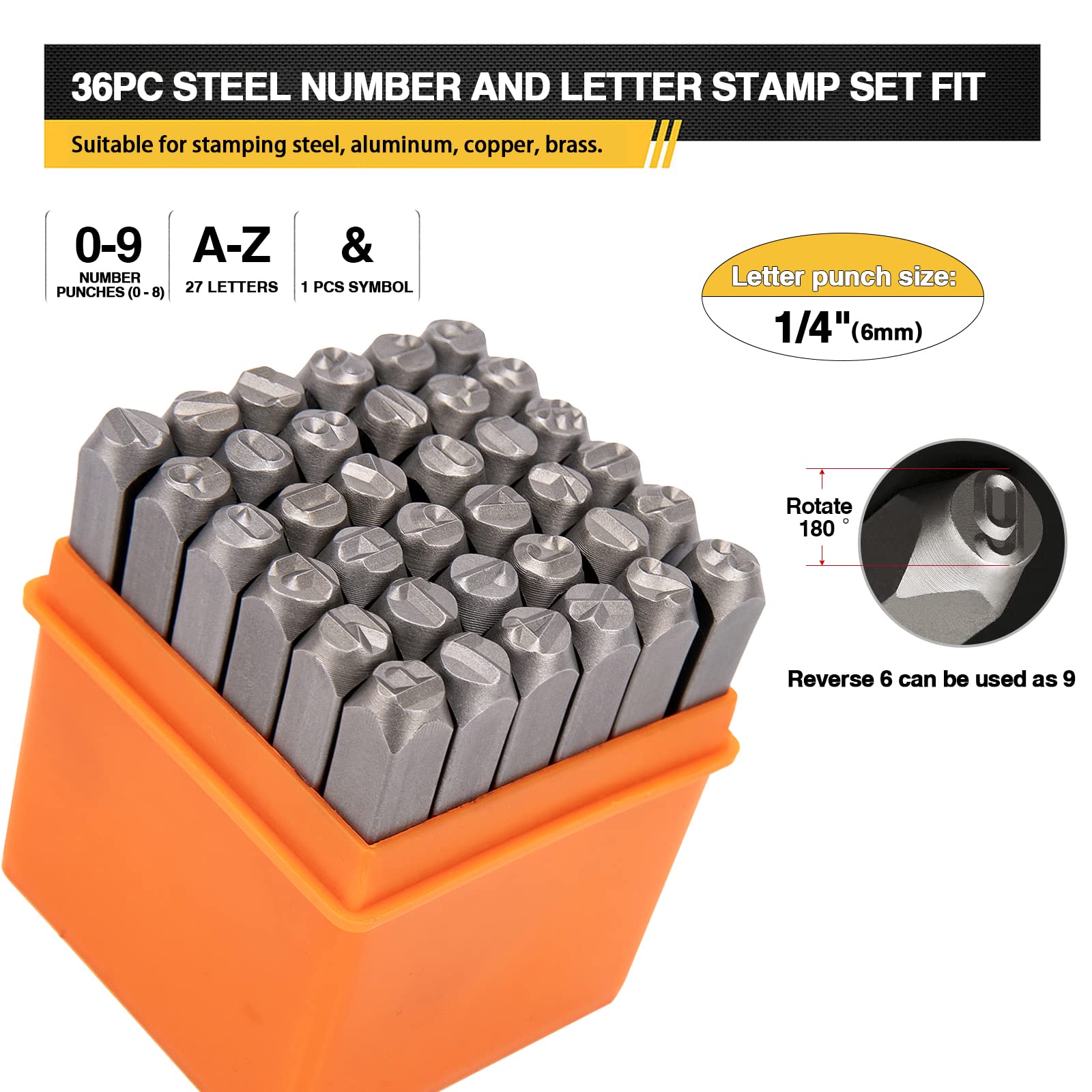Metal Letter Punch Set 1/4 (6mm) - 36PCS Steel Metal Stamp Number & Letter Punch Set for Imprinting Metal Stamping, Plastic, Wood, Leather