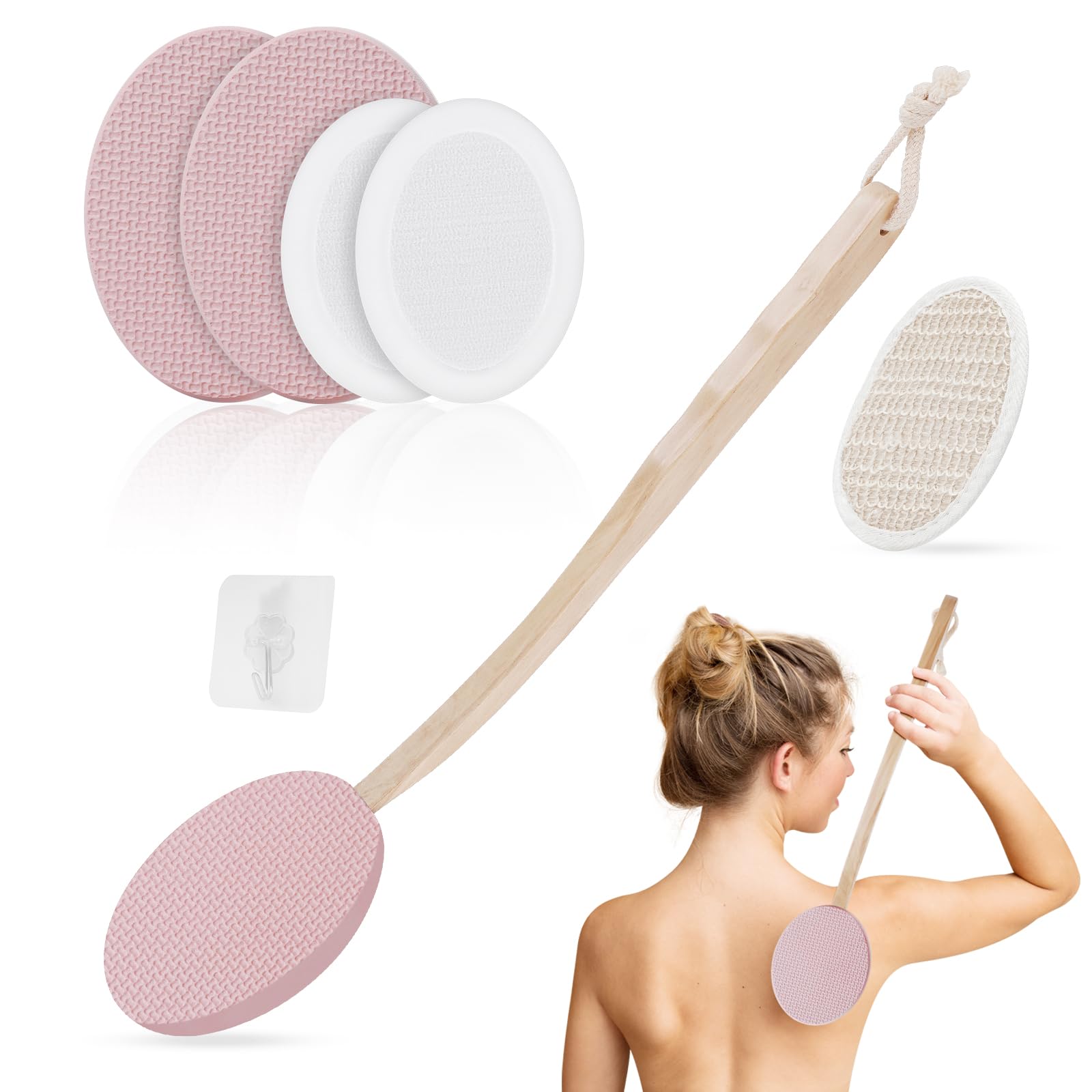 LOPHE Back Cream Applicator, 7 Pack Long Handled Lotion Applicator for Self-Applying, 2 in 1 Body Brush With 4 Pads, Bath Brush and Hook (Pink)