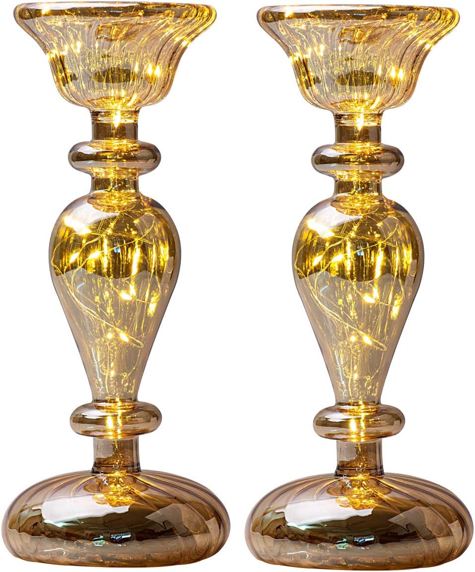 UMEIED Handmade Candle Stand Holder with Fairy Lights, Battery Powered Light Up Candle Holder Pedestals, Set of 2, Luxurious Decor Accessories: Kitchen & Dining