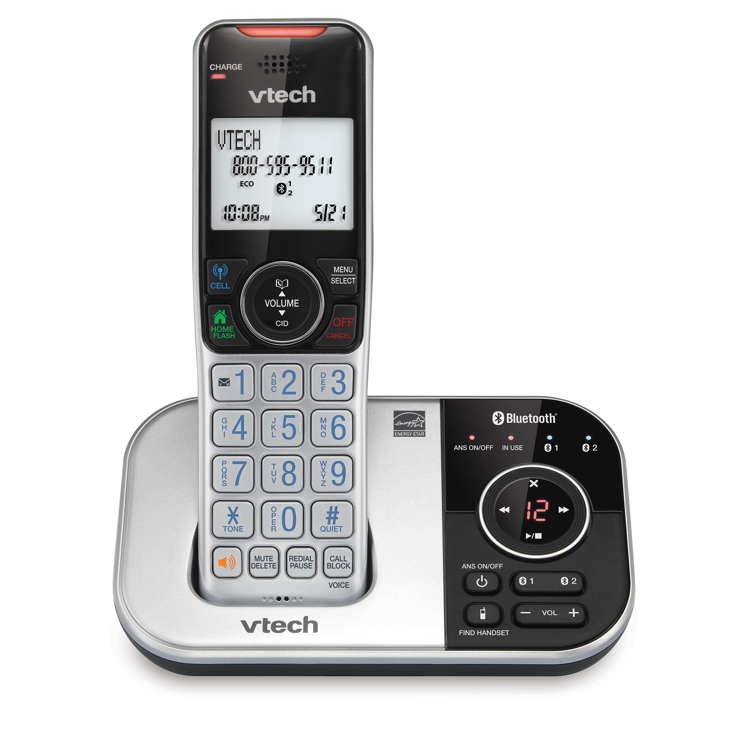 Photo 1 of VTech VS112 Cordless Phone for Home with Answering Machine, Call Blocking, Caller ID, Intercom and Connect to Cell (Silver & Black)