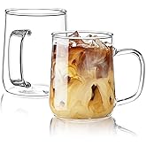 ZMZKKLL Glass Coffee Mugs, 14 oz Glass Coffee Cups Set of 2, Clear Borosilicate Glass Mugs with Handles for Cappuccino, Tea, Latte, Hot/Cold Beverages, Wine, Americano