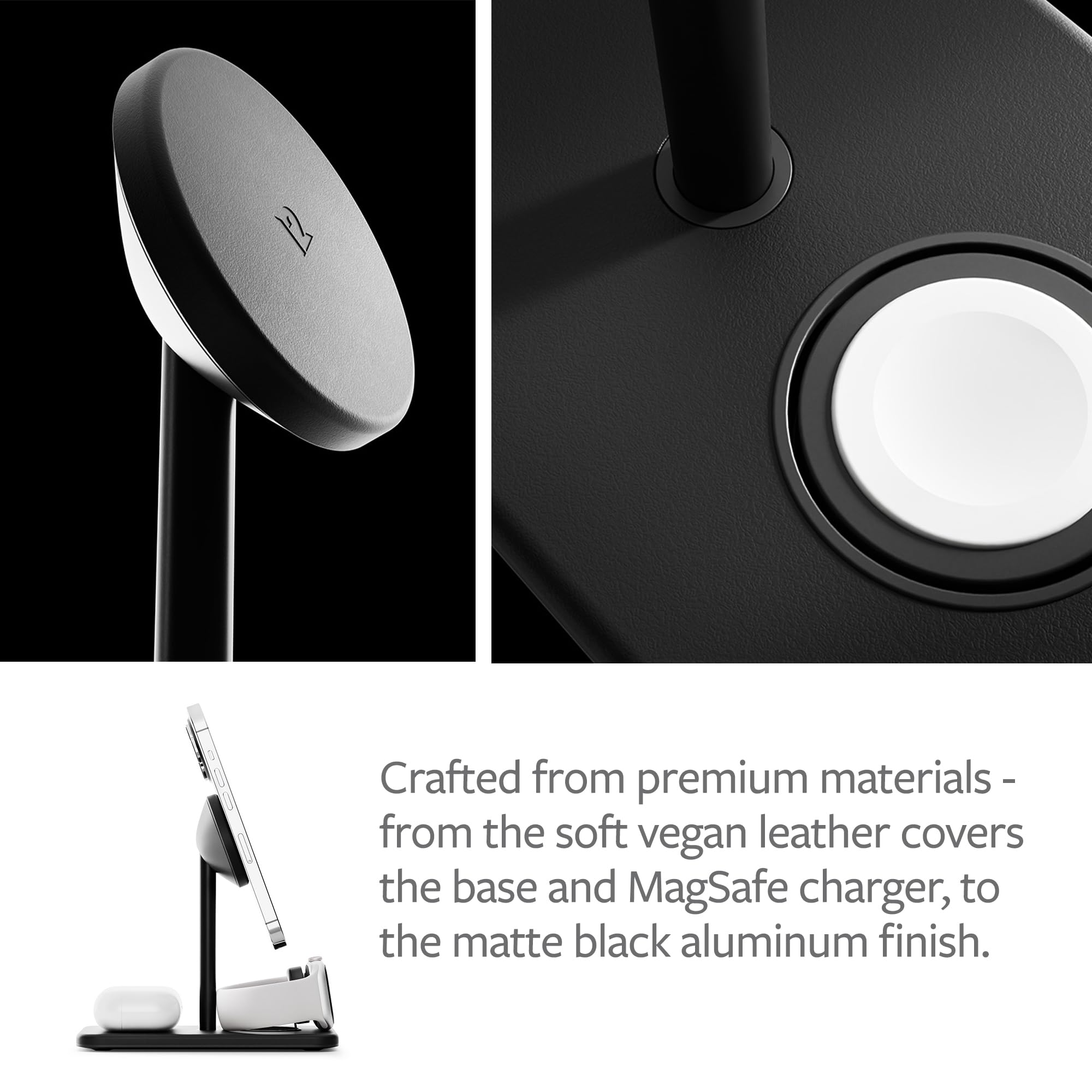 Twelve South HiRise 3 Deluxe, Compact Luxury Wireless Magsafe Charging Stand for iPhone, AirPods and Apple Watch - Includes US Power Supply with 5 Foot Cord, Plus International Plug Adapters, Black