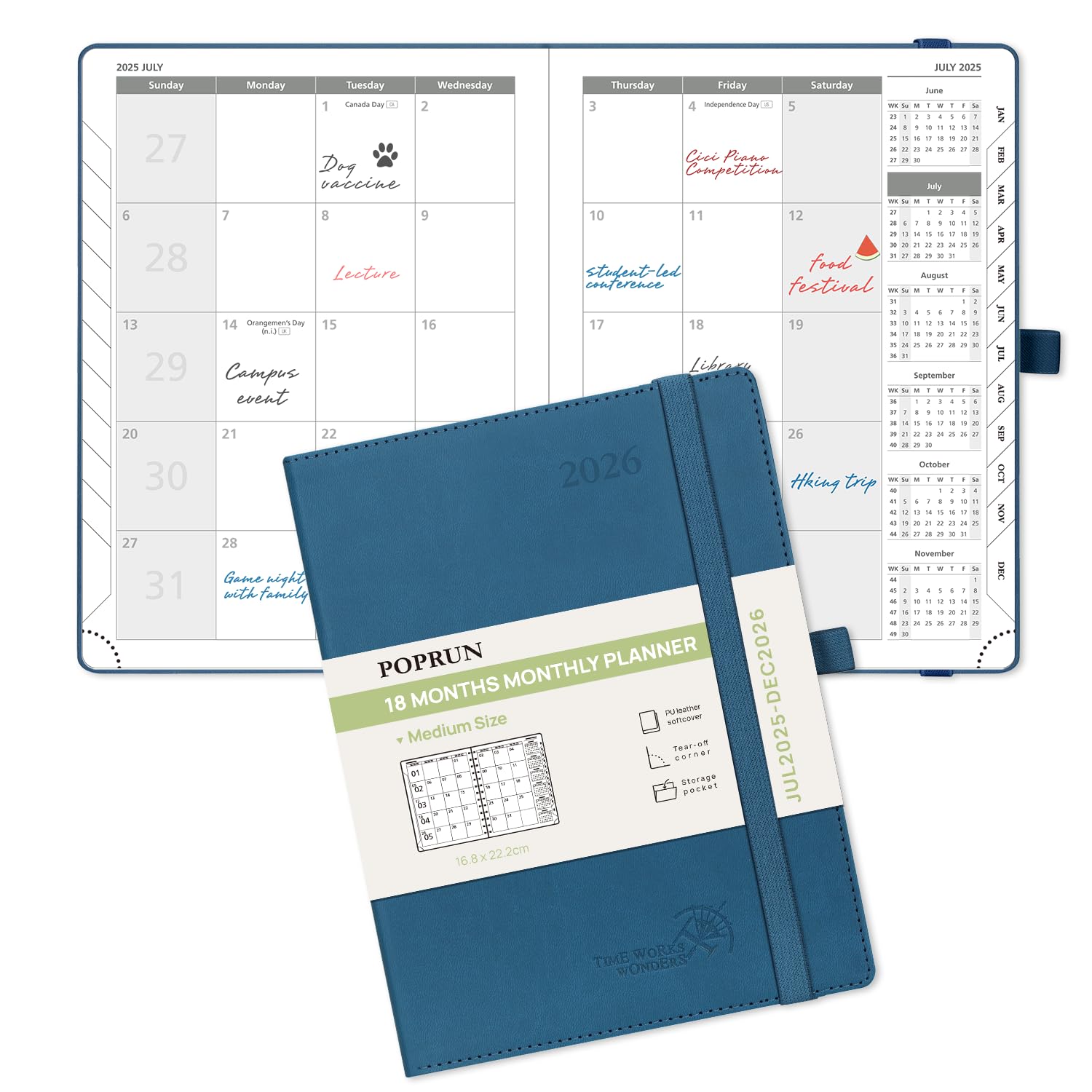 Photo 1 of POPRUN Monthly Planner 2025-2026 (Medium- 6.5'' x 8.5'' Soft Cover), 18-Month Calendar Book (Jul.2025-Dec.2026), Calendar Planner with Monthly Tabs & Pocket, 100 GSM Paper - Night Sky Blue