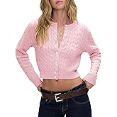 Balimtoy Women Cable Knit Cardigan Cropped Long Sleeve Crew Neck Button Down Sweater Cardigans Cute Y2k Fall Jackets