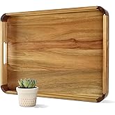 OurMiao 22 Inches Acacia Wood Serving Tray with Handles, Large Wooden Rectangle Ottoman Tray, Nice Home Decor for Living Room Coffee Table Couch, Ideal Size for Serving Food Breakfast BBQ Party