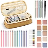 Jutom 39 Pcs Aesthetic Book Annotation Kit Highlighter with Pencil Case Bag Gel Pen Transparent Sticky Note Taking Bible Study College School Supplies(Khaki,Cute Style)