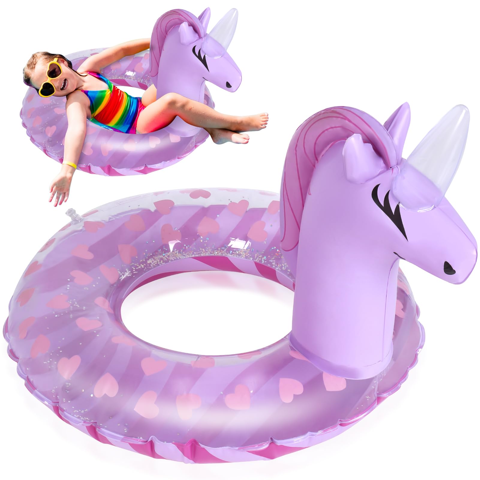 Zuimei Unicorn Inflatable Pool Floats for Kids, PVC Pool Float Inflatable Rings with Glitter Swimming Pools Float Toy Swimming Ring for Summer Pools Water Party, Purple (5-9 Years Old)