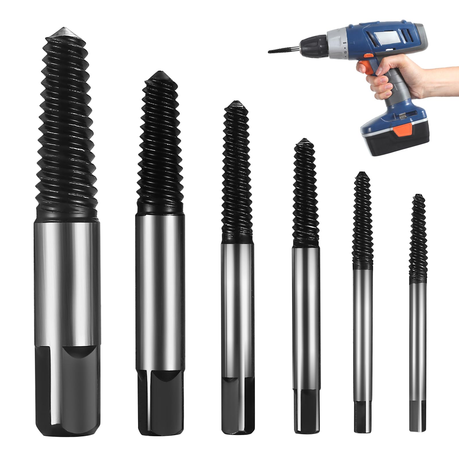 6 Pcs Easy Out Bolt Extractor Set, Damaged Screw Extractor Sets, Damaged Screw Bolt Extractor, Screw Remover and Extractor Bit Set, Broken Stripped Stud Bolt Screw Remover Tool Drill Bits Kit