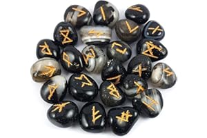 Arts Of India Black Onyx Rune Stones Set | Crystal Viking Alphabet Elder futhark Wicca Norse Divination Gemstones (Black Onyx)