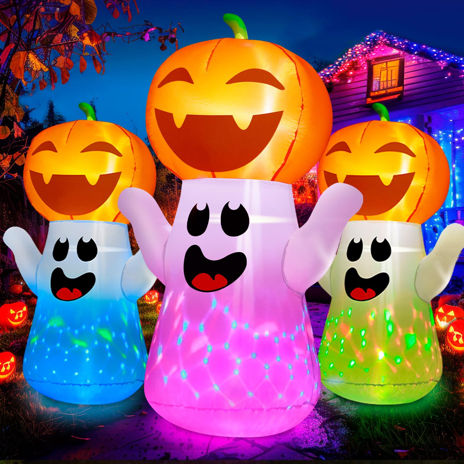 Photo 1 of *** used**** zukakii 5FT Halloween Inflatables Pumpkin Ghost Built-in 3-Pattern Colorful Flashing Light, Cute Halloween Blow Up Yard Decorations for Indoor Outdoor Home/Holiday/Party/Yard/Lawn (1PCS)