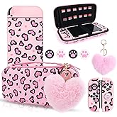 DLseego Pink Love Leopard Carrying Case for Switch OLED, Cute Silicone Protective Soft Cover with 4PCS Thumb Grip Caps and Pink Plush Heart Pendant Hard Storage Case Accessories Kit Bundle for Girls