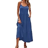 Halife Womens Flowy Tiered Maxi Dress Sleeveless Summer Sundresses Adjustable Straps Long Beach Sun Dresses with Pockets