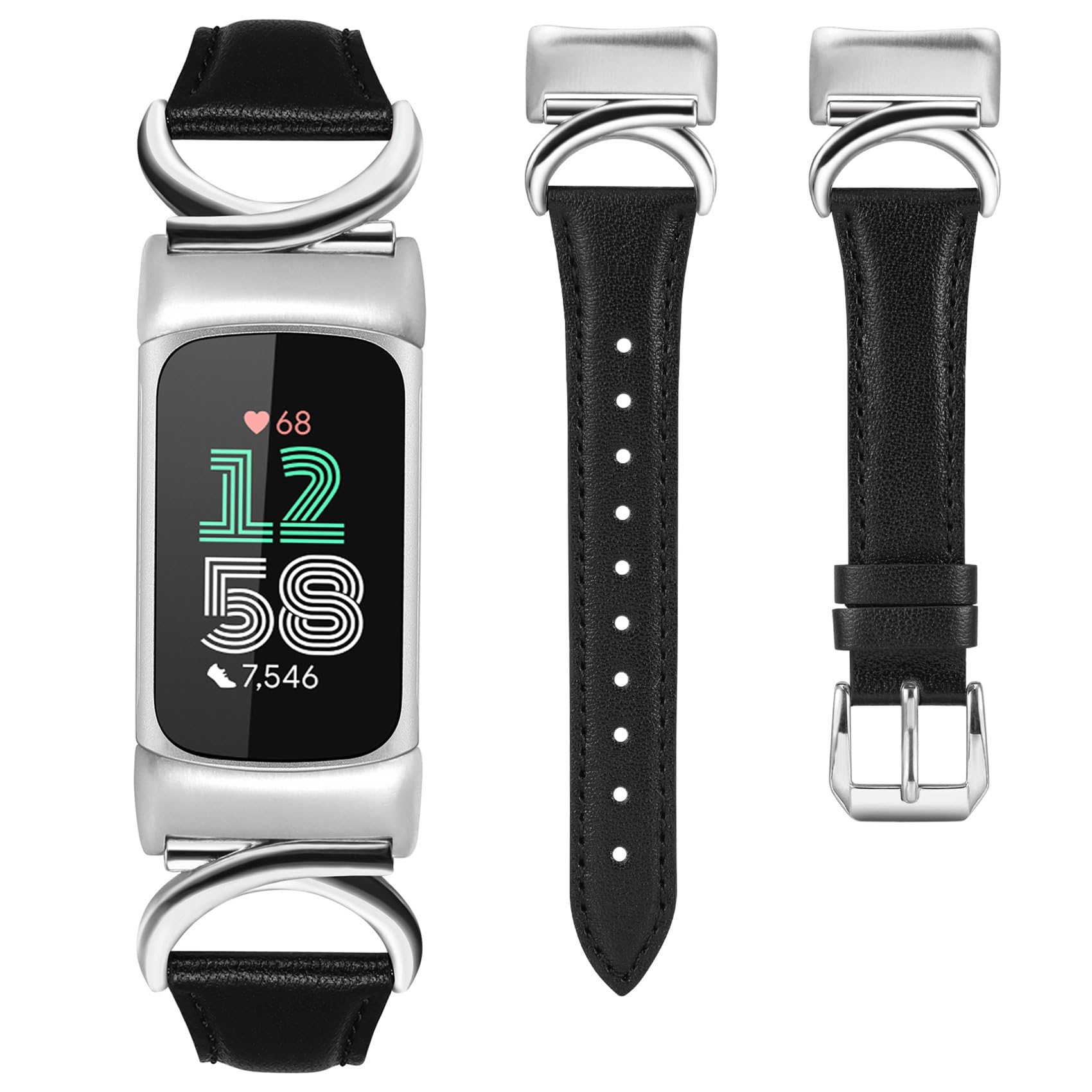 TOYOUTHS Leather Straps Compatible with Fitbit Charge 6/Charge 5 Strap Women, Slim Thin Elegant Dressy Designer Premium Leather Strap with C-Shape Metal Buckle for Charge 6/5, Black/Silver