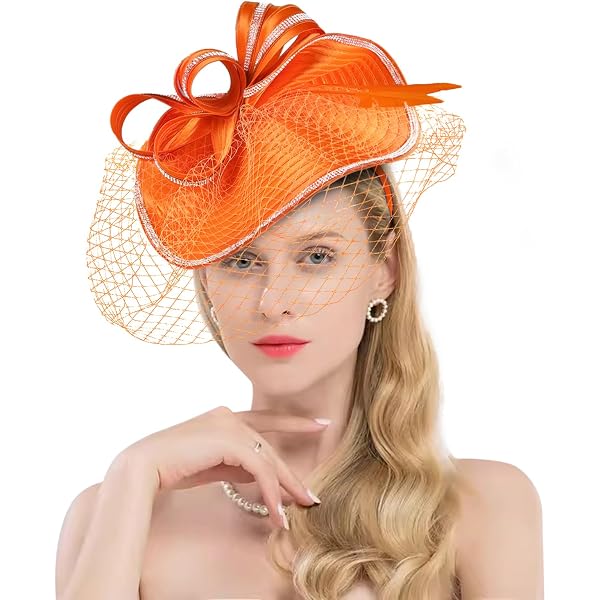 Fascinator Arancione Per Donna Con Clip E Fascia | Cappello Da Tè E Matrimonio | 26x20x10 Cm | Accessorio Cerimonia