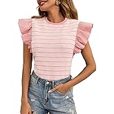 Tankaneo Womens Ruffle Striped Tank Tops Summer Crew Neck Sleeveless Shirts Loose Fit Dressy Casual Blouse