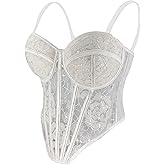 ELLACCI Women's Bustier Corset Top with Sequin Floral Lace Mesh Sheer Slimming Bodysuit White