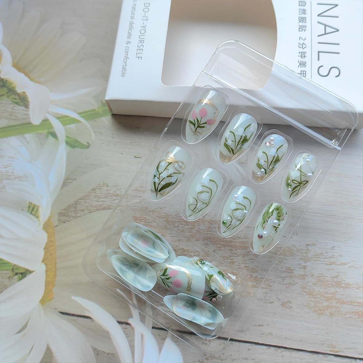 24Pcs Flower Press on Nails Medium Almond Fake Nails Tulip Orchid Design Artificial Acrylic Nails with 3D Rhinestones Pearl False Nails White Floral Glue on Nails Spring Stick on Nails Kit for Women - Image 3