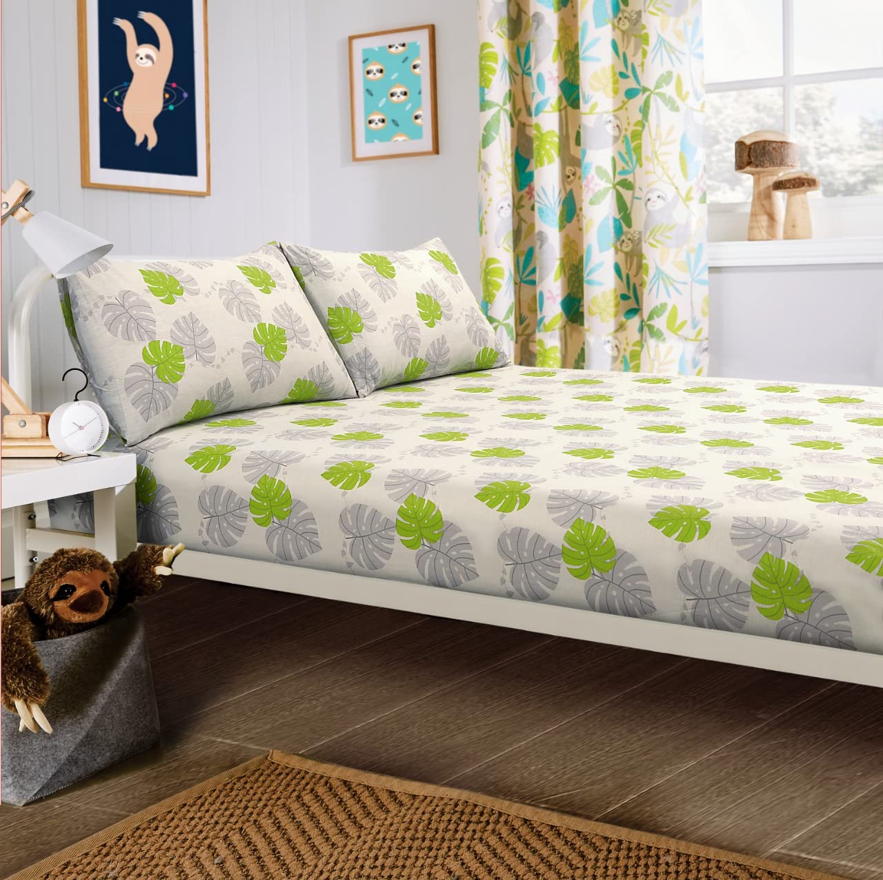 Olivia Rocco Sloth Duvet Cover Set Pink Duvet Cover Quilt Fitted Sheet Pillow Case Kids Bedding Set Soft Easy Care Kids Children's Bedding Duvet Set Quilt Bed Covers (Single Fitted Sheet Set)