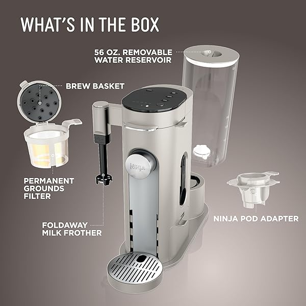 NINJA POD & GROUNDS SPECIALTY SINGLE-SERVE COFFEE MAKER, K-CUP POD COMPATIBLE, BREWS GROUNDS, COMPACT DESIGN, BUILT-IN MILK FROTHER, 56-OZ. RESERVOIR, 6-OZ. CUP TO 24-OZ. MUG SIZES, STONE, PB051ST