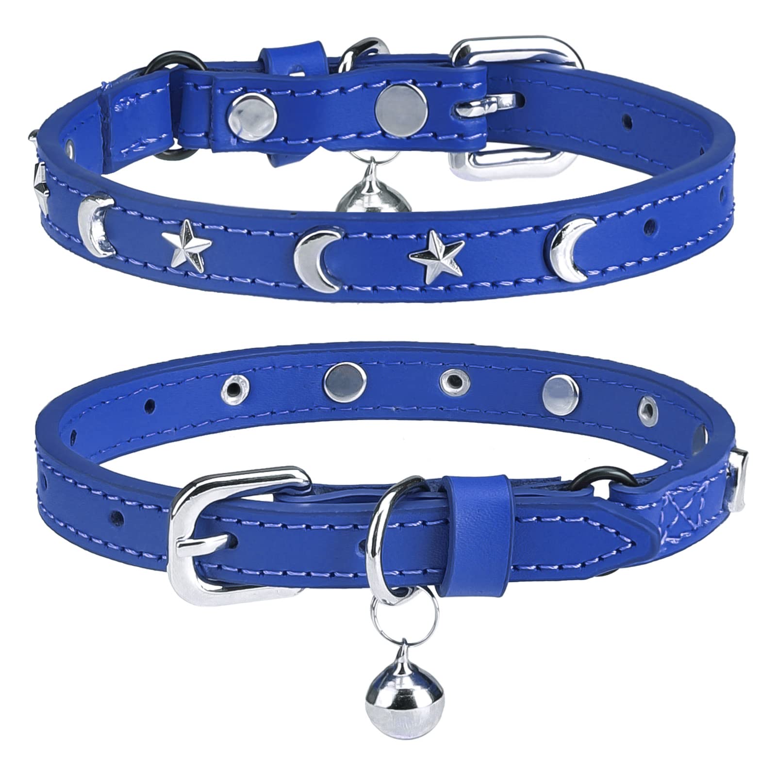 DILLYBUD Leather Collar for Cats with Bells and Safety Elastic Insert – Personalizable with Star and Moon Studs, Adjustable Safety Buckle Collars for Small and Large Cats — image 1