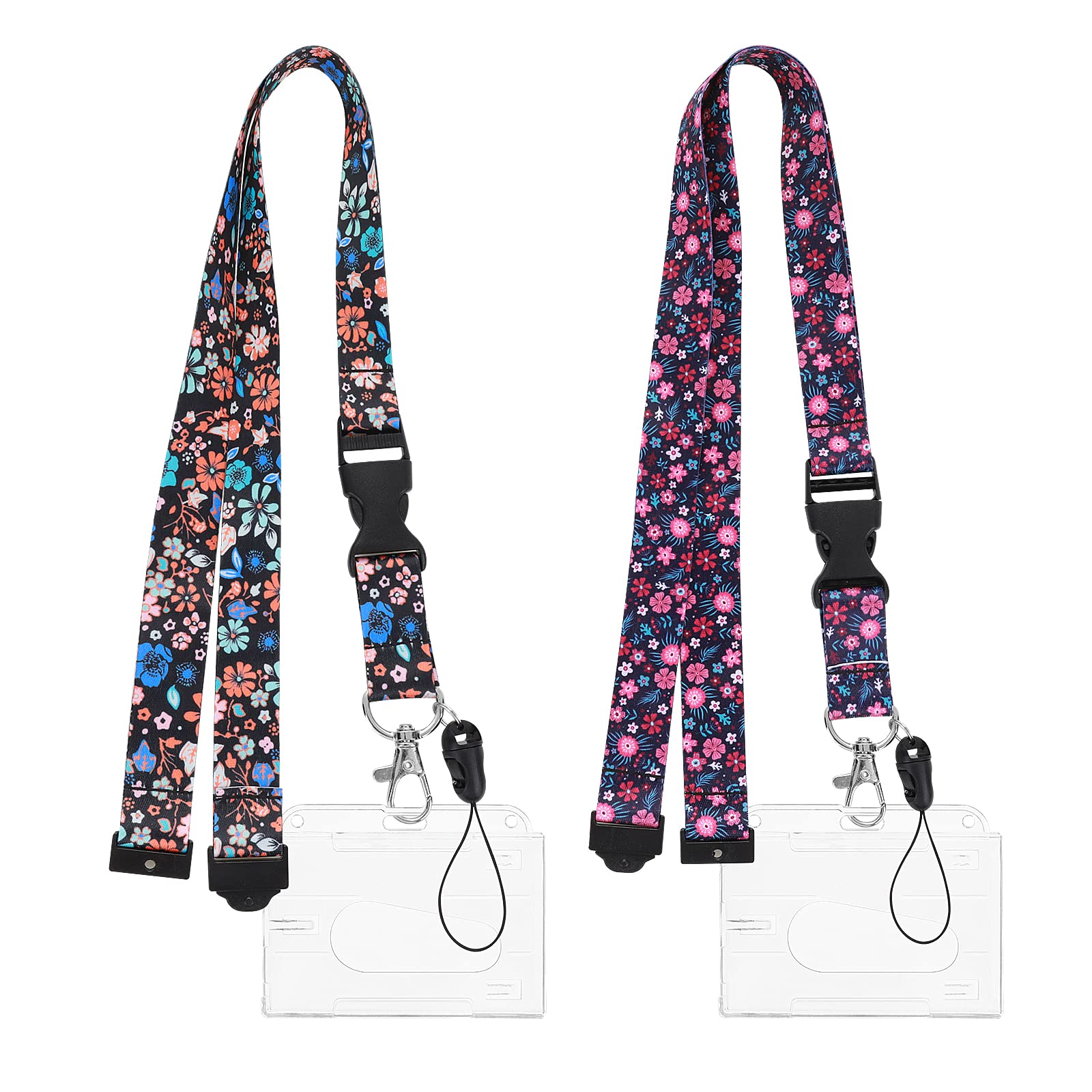 cobee Hard ID Card Badge Holder with Lanyards, 2 Set Plastic ID Card Protector with Thumb Slot Heavy Duty Lanyards with Quick Release Buckles Floral Neck Straps Clear Card Case