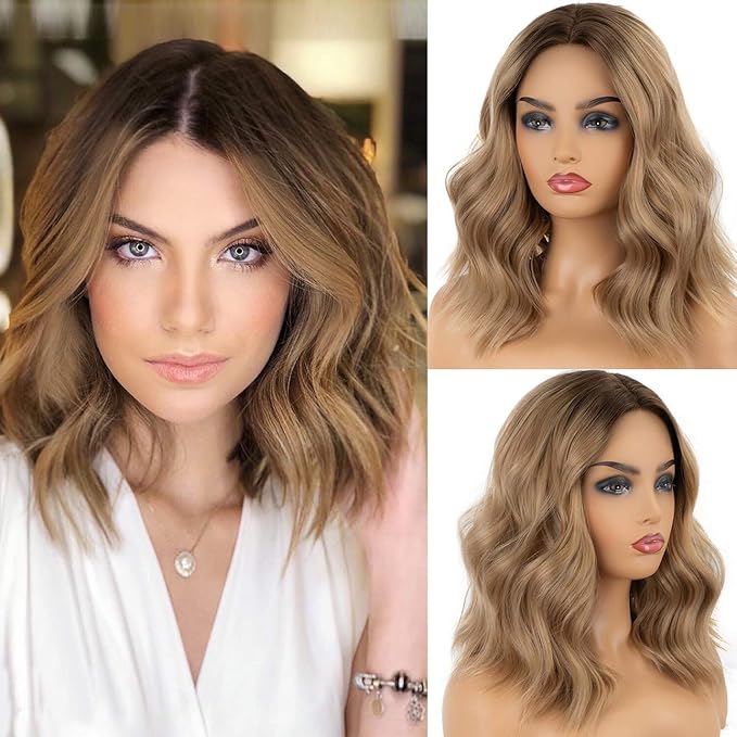 KRYSSMA Ombre Blonde Lace Front Wig with Dark Roots Short Bob Synthetic