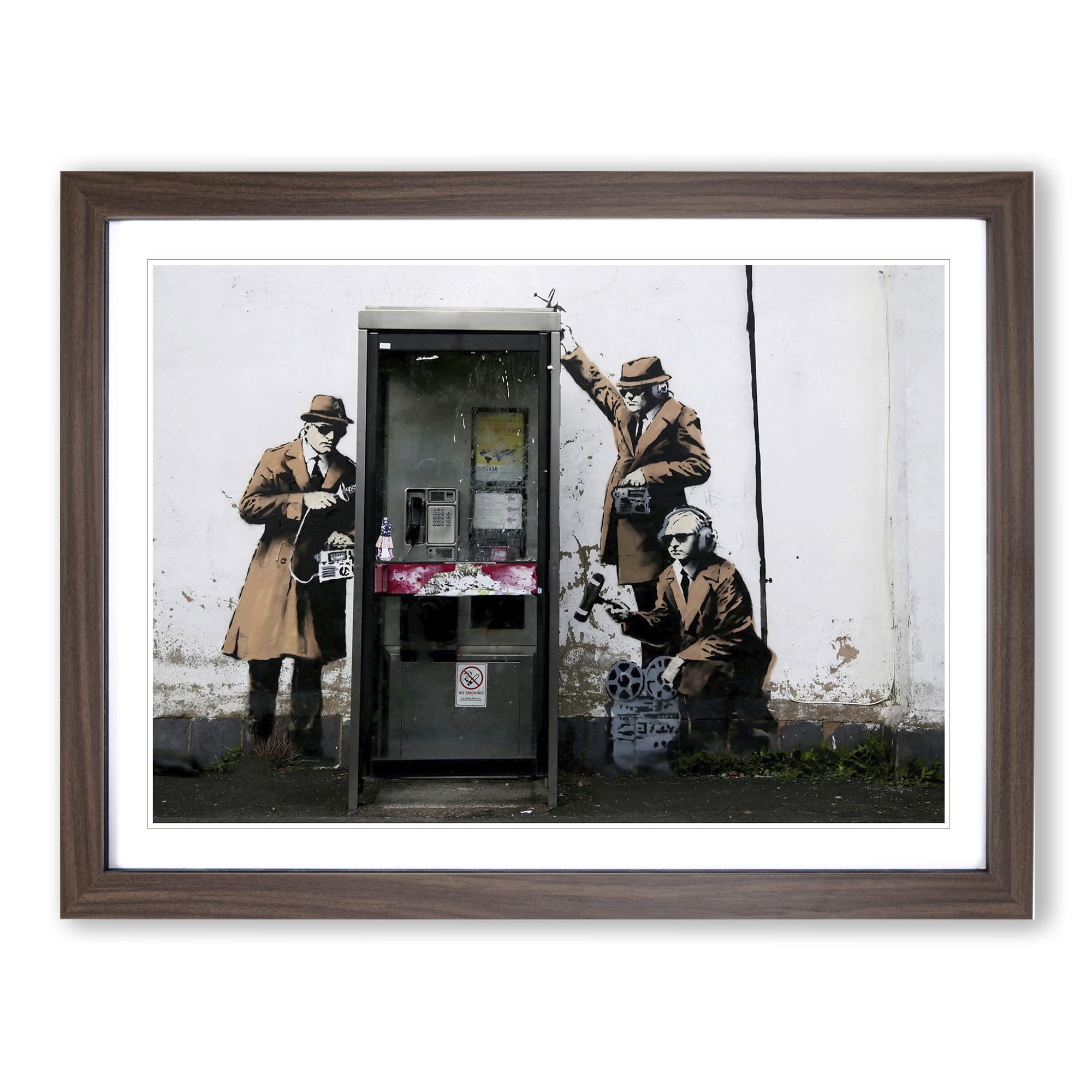 Banksy Spies CIA FBI Graffiti Wall Art Modern Framed Wall Art Print, Ready to Hang Picture for Living Room Bedroom Home Office Décor, Walnut A3 (46 x 34 cm)