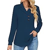 Micoson Women's Long Sleeve Button Lapel Tunic Tops V Neck Business Casual Swing Sweatshirt Pullover