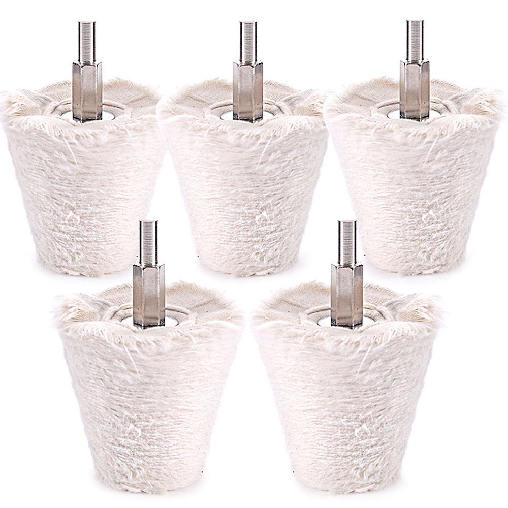 Swpeet 5 Pcs Cone-Shaped White Flannelette Polishing Wheel Grinding Head with 1/4" Handle for Metal Aluminum/Stainless Steel/Chrome/Jewelry/Wood/Plastic/Ceramic/Glass