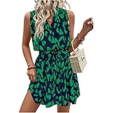 SOLY HUX Women's Summer Dress Printed Sleeveless V Neck Wrap A Line Flowy Belted Vacation Short Dresses