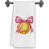 Elefeltclave Coquette Pink Bow Softball Kitchen Towels, Softball Mom Gifts Dish Tea Towels for Kitchen Decor, Gifts for Softballs Lovers Players Hand Towel for Bathroom Decor, 16x24 Inch