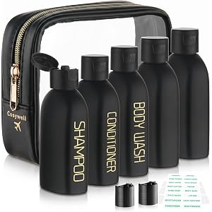 Cosywell 3.4oz 5 Pack Travel Bottles for Toiletries Black Toiletry Bottles | Pre-Printed Shampoo Conditioner & Body Wash, Sof