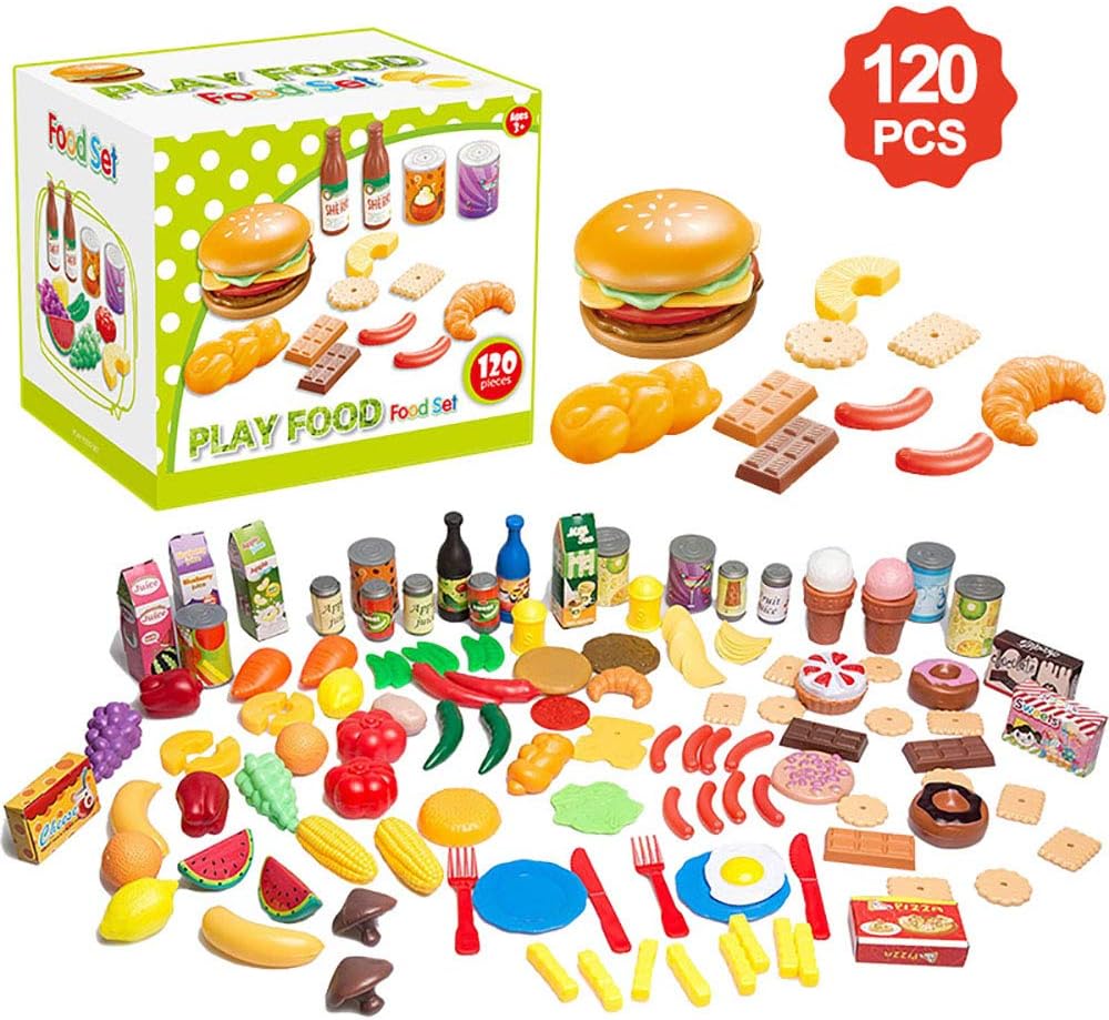 Lantch Play Food Toy Kitchen Accessories Set for Kids- 120 Piece Educational Pretend Play, Food Playset Toys for Girls and Boys