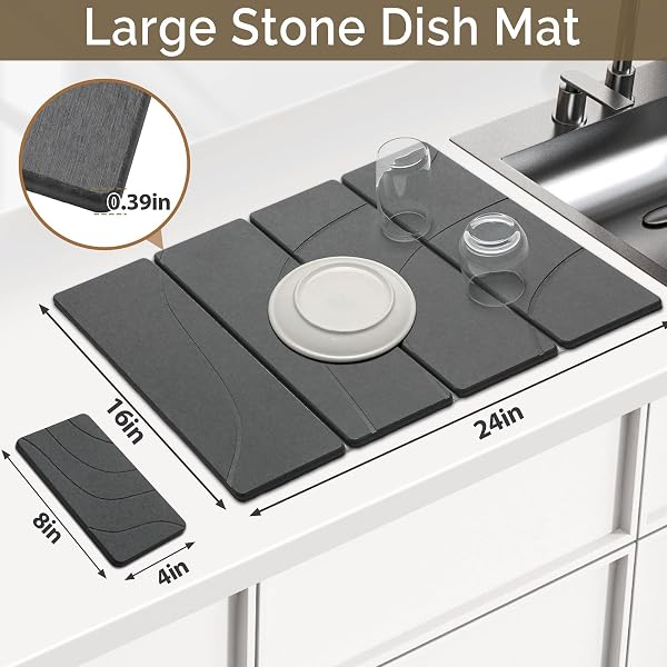 LARGE STONE DISH DRYING MAT FOR KITCHEN COUNTER, 2 PCS QUICK DRY STONE MATS, FOLDABLE WATER ABSORBING DIATOMACEOUS EARTH DRYING DISHES PAD FOR COUNTERTOP BOTTLE UTENSIL CUP(CARVED GRAY 24″X16″&8″X4″)