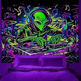 Onivein Blacklight Alien DJ Tapestry UV Reactive Space Galaxy Tapestry Funny Music Wall Tapestries Coconut Tree Wall Hanging Decor for Home Dorm 60 x 50 Inches