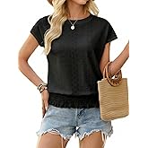 IYICLOTH Women's Summer Short Sleeve Eyelet Tops Daily Casual Crewneck T Shirts Elastic Waist Smocked Blouses