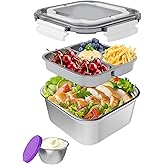 ENCYS Salad Container for Lunch Large-60-oz,3 Compartment Bento-Style Tray and 1.5-oz Salad Dressings Container,Stainless Steel Food Containers with Lids, Lunch Box, Bento Box（White）