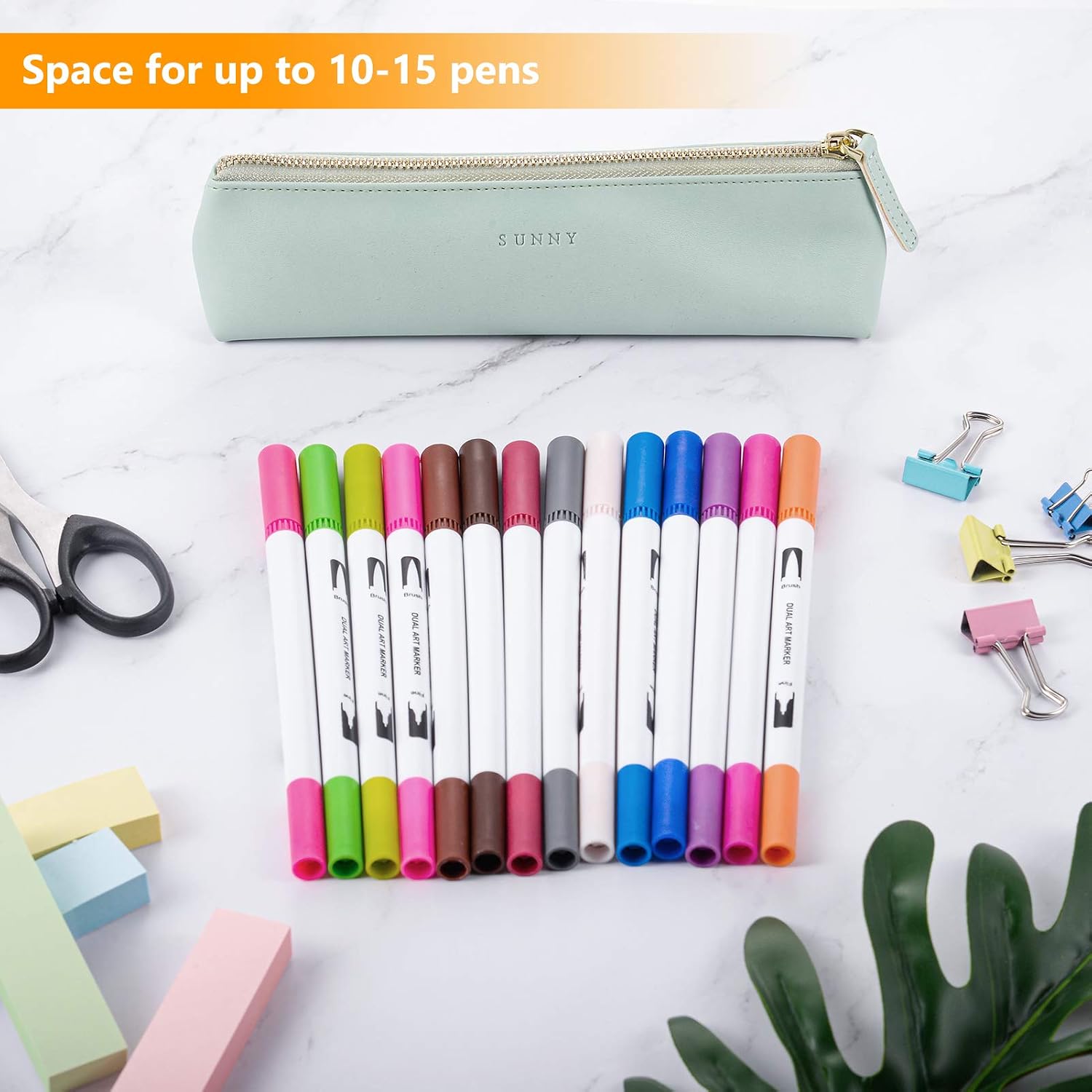 Fyore Luxury PU Leather Pencil Case Slim Design with Metallic Zipper Pocket Size for Pen Make Up Brush (Green) - Image 4