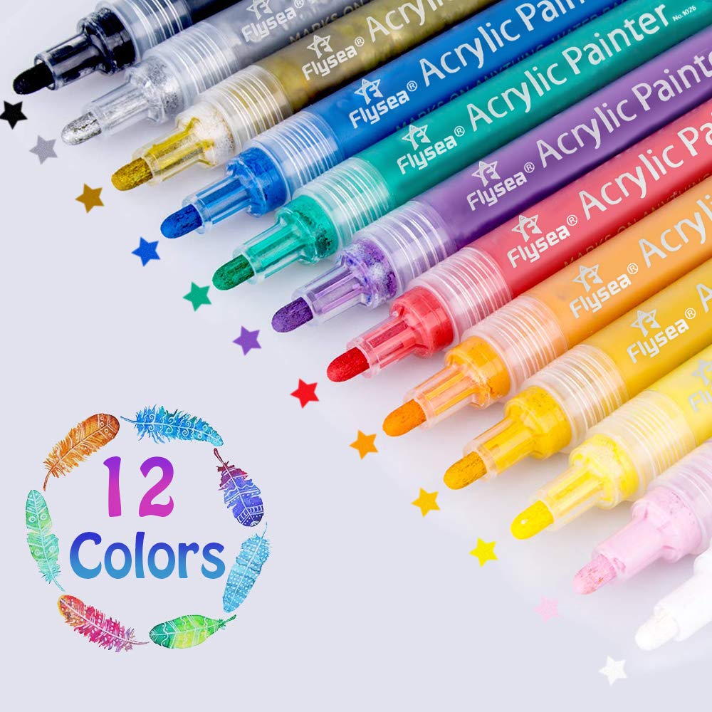 Acrylic Paint Pens Scrapbook Pens Premium Permanent Water Based Medium Tip Marker Pens for Scrapbooking Crafts, DIY Photo Album, Art Rock Painting, Card Making, Metal and Ceramics, Glass - 12pcs