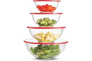 FINEDINE Superior Glass Mixing Bowls Set with Lids - 8-Piece with BPA-Free lids, Space-Saving Nesting Bowls - Easy Grip & Stable Design for Meal Prep & Food Storage - For Cooking, Baking