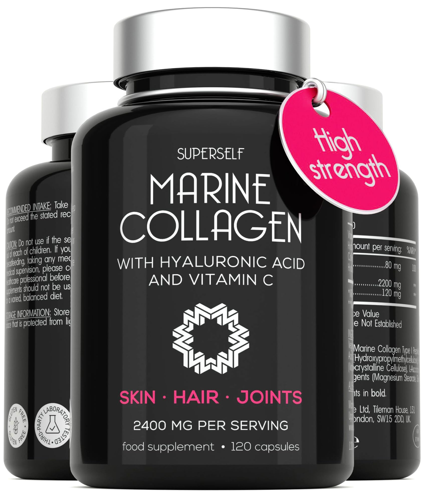 Marine Collagen Capsules 2200mg - with Hyaluronic Acid & Vitamin C - High Strength Complex for Skin Hair Support - Premium Type 1 Peptides - Collagen Supplements for Women & Men - 120 Capsules