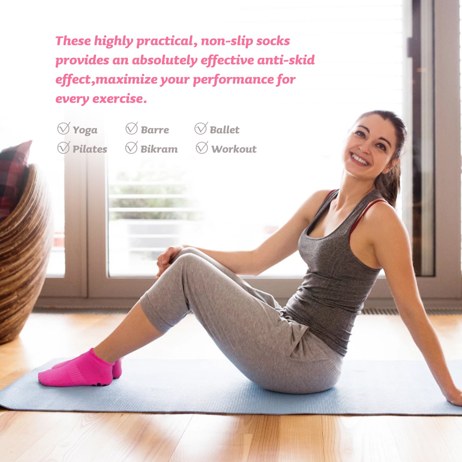 Yoga Socks for Women Non Slip Socks with Grips，Pilates, Barre, Bikram Workout Socks Non Skid 3 Pairs Cotton，Size4.5-10