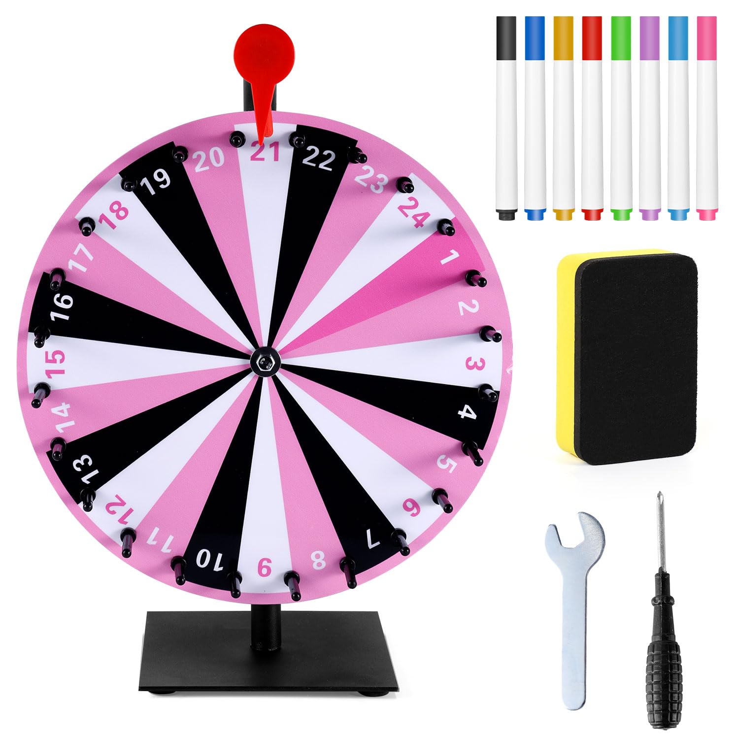 NQEUEPN Lucky Spinning Prize Wheel with Stand, 24 Slot Spin the Wheel Durable Base Swivel Wheels Lottery Wheel Tabletop Spinner Roulette Wheel Raffle Wheel for Fortune Game Party Game Set (Pink)