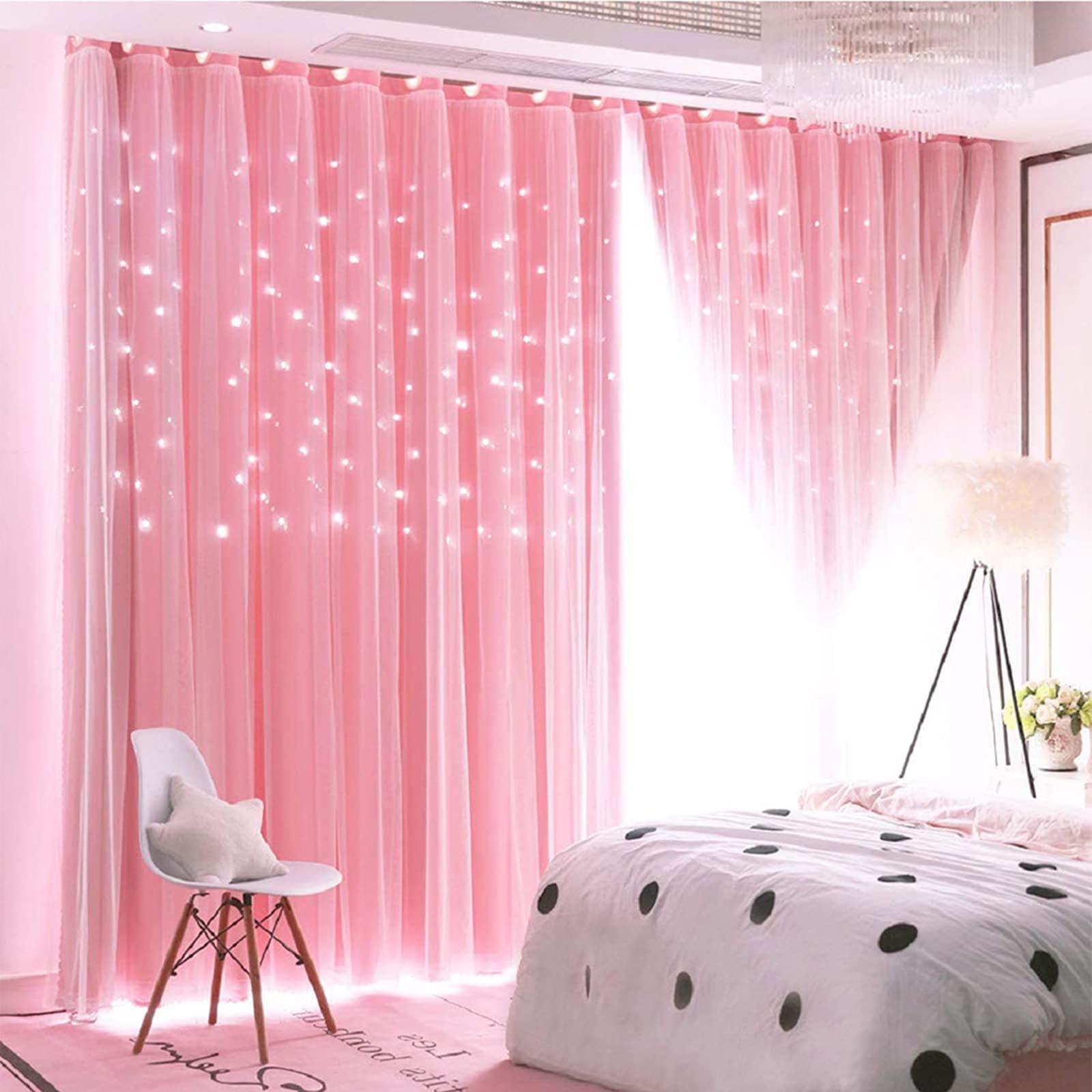 Lanqinglv Star Blackout Curtains with Nets,Pink Star Panels Nursery Double Layer Window Curtains for Kids Girls Room Bedroom Living Room Decoration,2 Panels,W 52 in x L 63 in