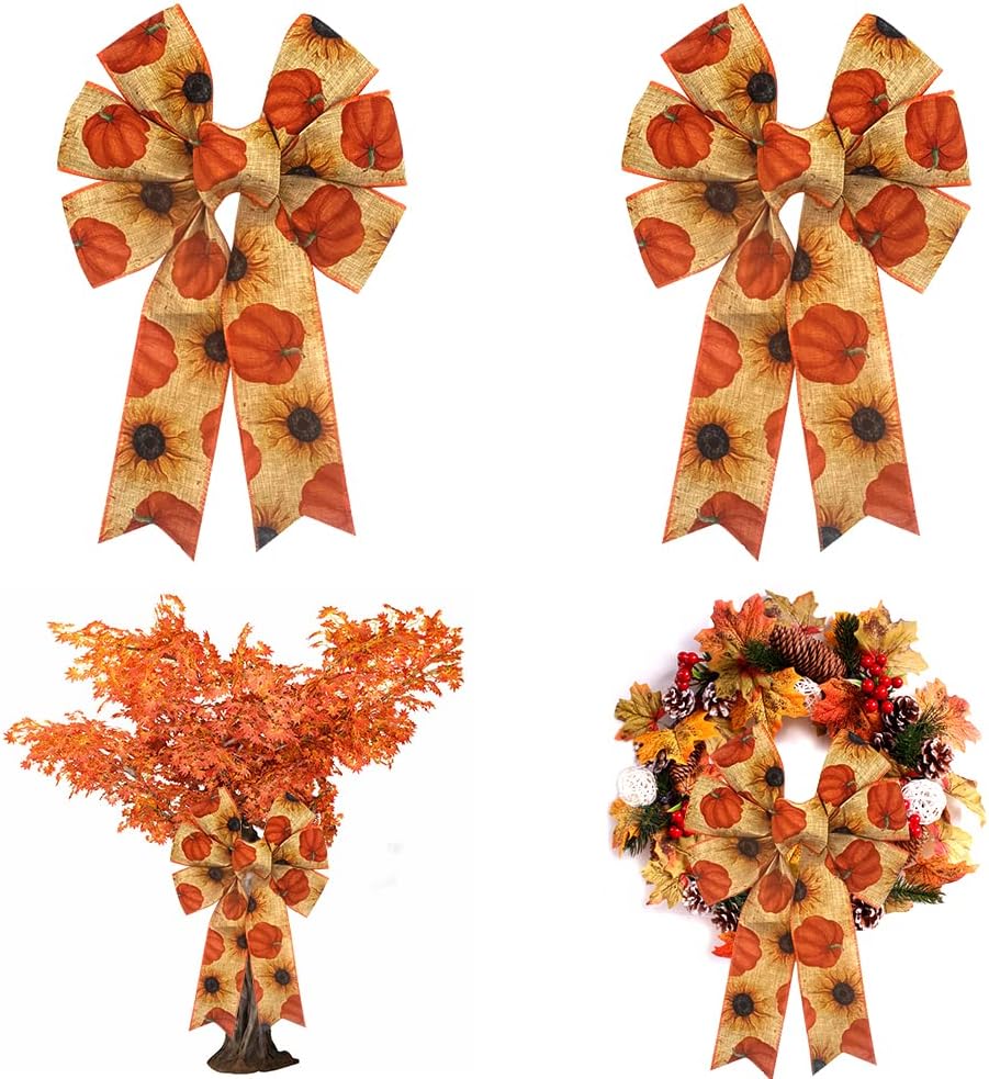 Bows & Ribbons - 2PCS Fall Bow for Wreath, Burlap Sunflower Wreath Bow for Fall Décor Pumpkin Orange Bow for Front Door Indoor Outdoor Wall Tree Topper Decoration Supplies Autumn Thanksgiving Ornament